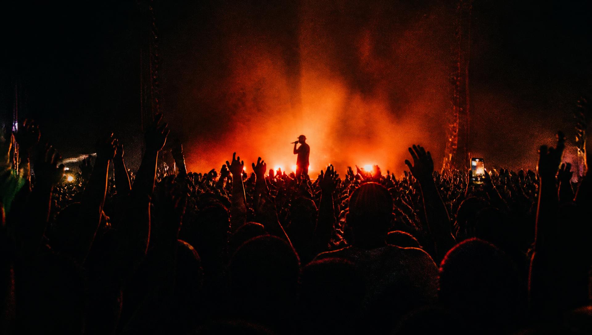 Audience with hands raised under warm stage lights at a Litville event